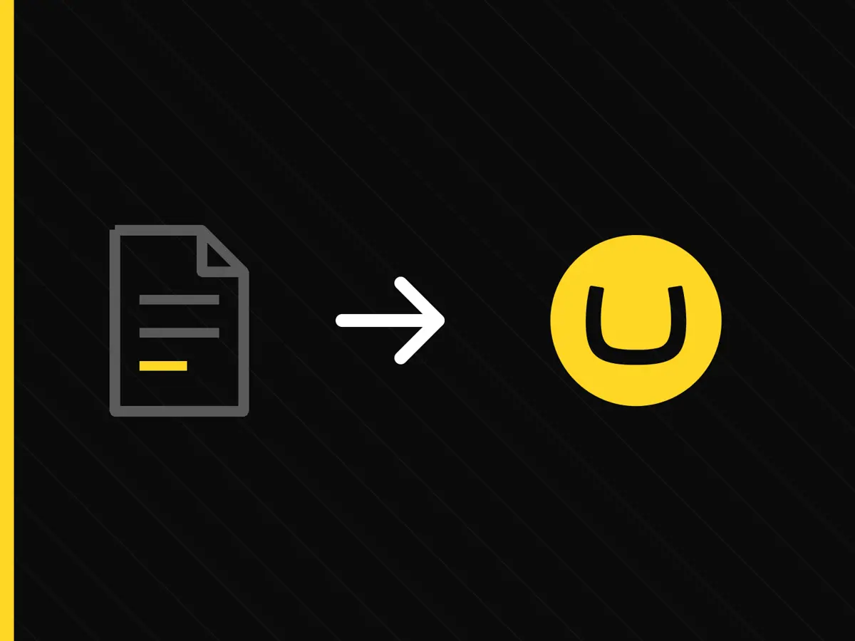 Een documentpictogram met een gele regel, een pijl naar rechts, en het gele Umbraco-logo